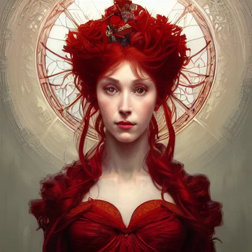 Image similar to portrait of red queen, intricate, elegant, highly detailed, digital painting, artstation, concept art, smooth, sharp focus, illustration, art by artgerm and greg rutkowski and alphonse mucha and william - adolphe bouguereau