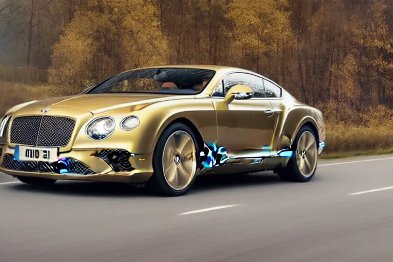 Image similar to Bentley Continental GT in shiny gold film drives along old Russian village road with houses houses around the edges