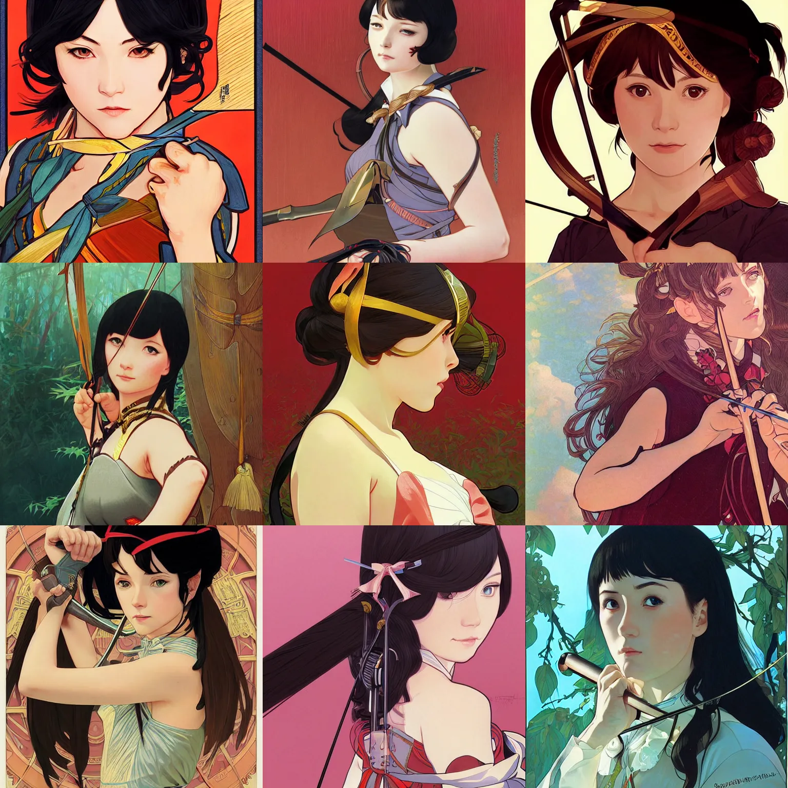 Prompt: portrait of an amazon notching her bow, fantasy, richly defined face by ilya kuvshinov, highly detailed, cel shading, digital painting, anime key visual, by hayao miyazaki and alphonse mucha