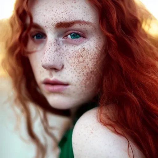 Prompt: beautiful irish lass with red wavy hair and emerald eyes, soft freckles, soft pale skin, photography, hyperrealistic