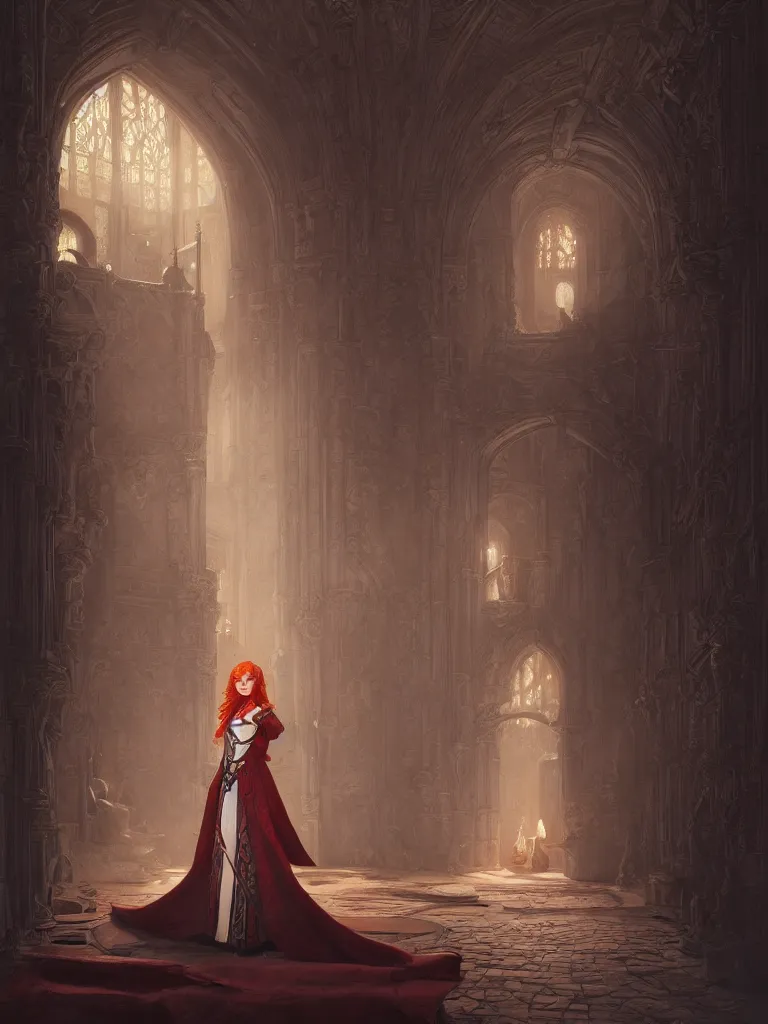 Image similar to daily life portrait of a young redhead maiden inside a castle, symmetrical, highly detailed, digital painting, artstation, art by artgerm and greg rutkowski, concept art, smooth, cinematic lighting, 8 k resolution