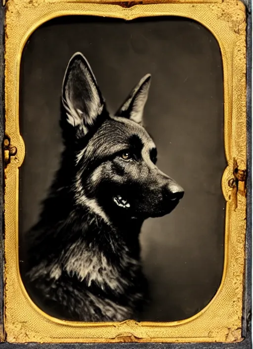 Image similar to professional studio photo portrait of anthro anthropomorphic german shepard head animal person fursona serious wearing elaborate military general uniform clothes degraded medium by Louis Daguerre daguerreotype tintype