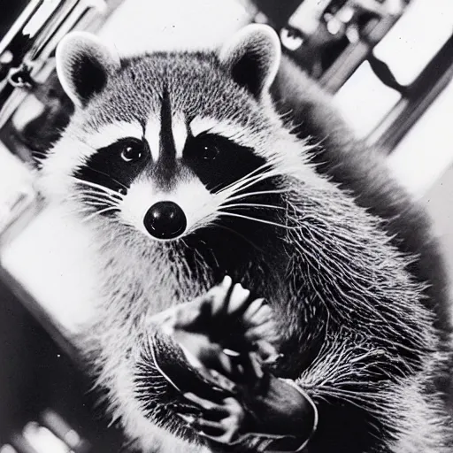 Prompt: the first racoon in space, historic picture, 8k, future, space suit