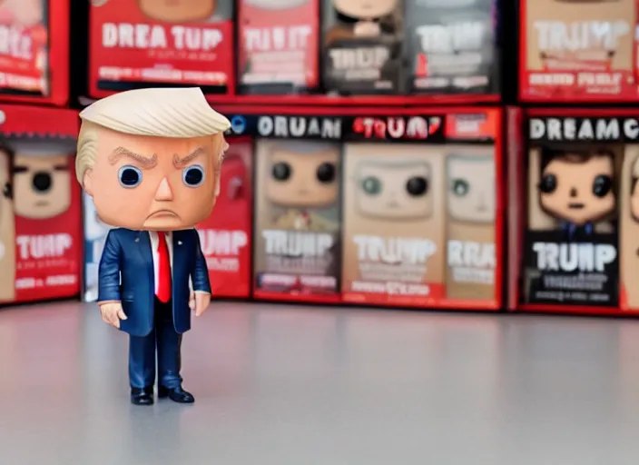 Image similar to !dream product still of Donald Trump funko pop with box, 85mm f1.8