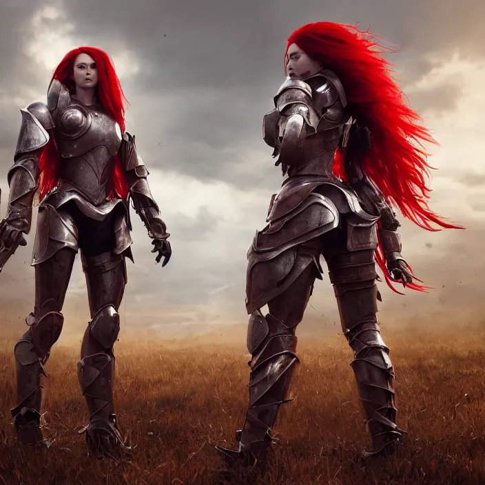 Image similar to a girl with a long red hair wearing a full-body red plate armor standing in a battlefield, anatomically correct, hyperrealistic, concept art, octane render, unreal engine 5, 8K HDR, highly detailed, high quality, fantasy armor