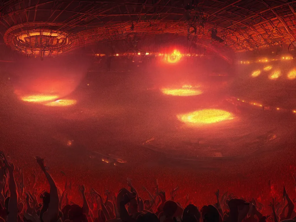 Prompt: a large concert stadium in hell, brightly lit stage centered and on fire, high contrast, stage lighting, pyrotechnics, ghibli animated film, volumetric lighting, octane render by stanley artgerm lau, greg rutkowski, thomas kindkade, alphonse mucha, loish, norman rockwel,