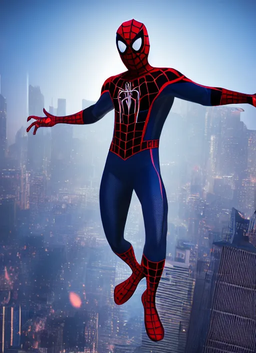 Image similar to a single miles - morales and spider - man hybrid, dslr, cinematic, volumetric lighting, 8 k resolution, photorealistic