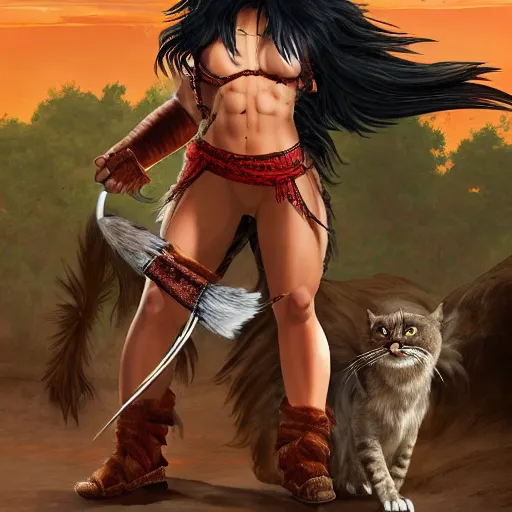 Prompt: barbarian warrior woman with chimera cat tail, cat tail, furry tail, barbarian pelt, cavewoman, black hair, electrified hair, wild spiky black saiyan hair, surrounded by electrical aura, prowling around primeval jungle, palm trees, rocks, mountains, red sky, hyperdetailed, ultra high definition, realism, 4 k, frank frazetta
