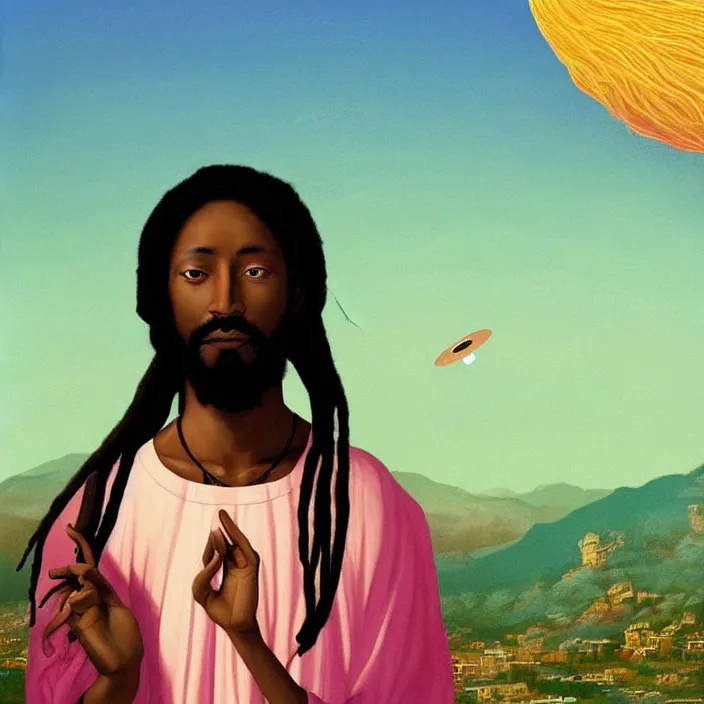 Prompt: UFO hovering around an African Jesus with dreadlocks, colourful painting by Hsiao-Ron Cheng,