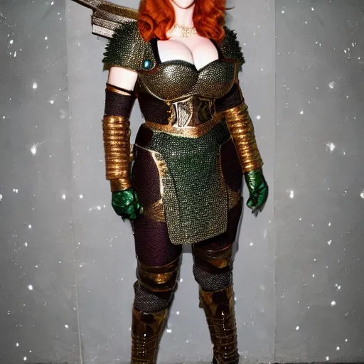 Prompt: full body photo of christina hendricks as a warrior with emerald encrusted armour