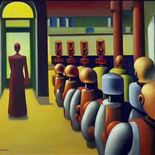Prompt: robots queue up to eat ice cream, grant wood, pj crook, edward hopper, oil on canvas