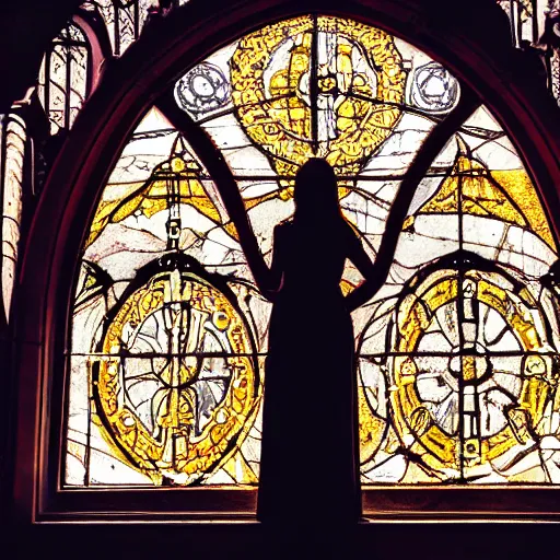 Image similar to a white marble gothic cathedral with mandala windows with sun reflection, golden hour, a gothic girl dressed in black with perfect face