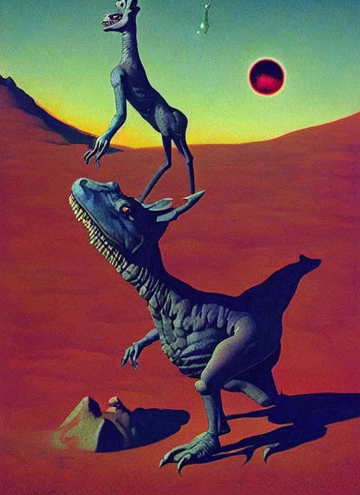 Image similar to a deer horned astronaut stands atop a melting dinosaur on the moon, Edward Hopper and James Gilleard, Zdzislaw Beksinski, Mark Ryden, Wolfgang Lettl highly detailed, hints of Yayoi Kasuma, Odilon Redon. Drexler