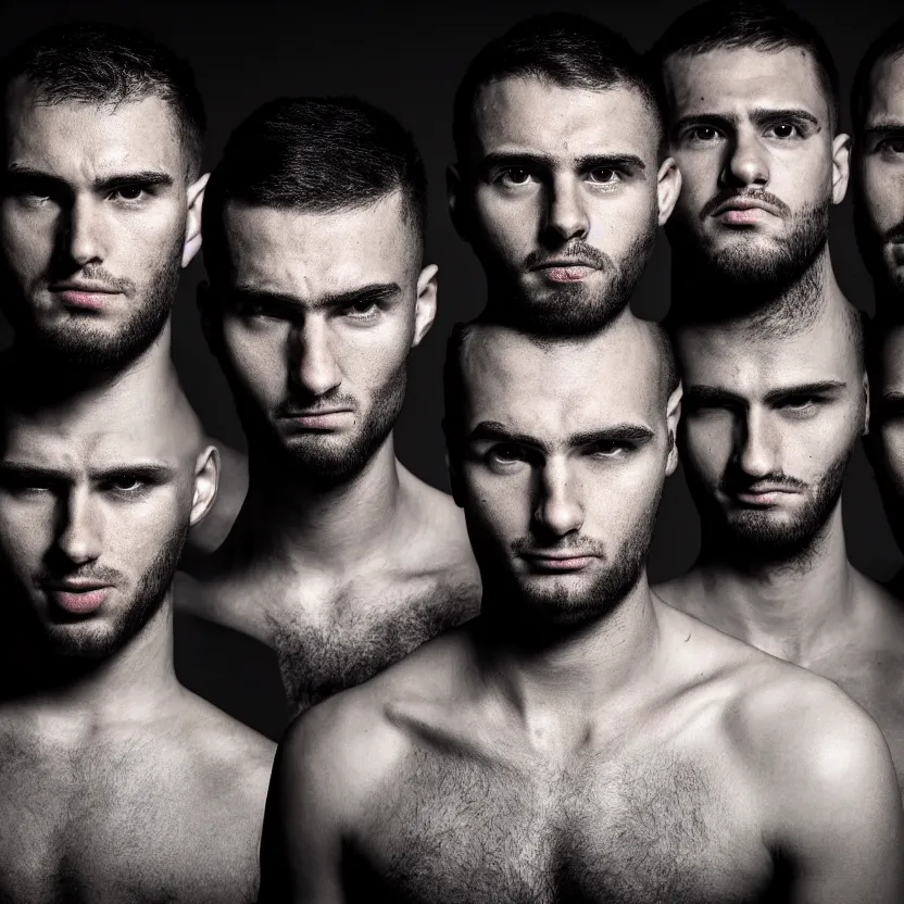 Prompt: four men's faces, hard top lighting, darkest room, cross composition