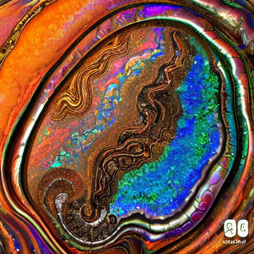 Image similar to Art Nouveau cresting oil slick waves, hyperdetailed bubbles in a shiny iridescent oil slick wave, ammolite, druzy, detailed giant opalized ammonite shell, black opal, abalone, paua shell, ornate copper patina medieval ornament, rococo, organic rippling spirals, octane render, 8k 3D, druzy geode, cresting waves and seafoam