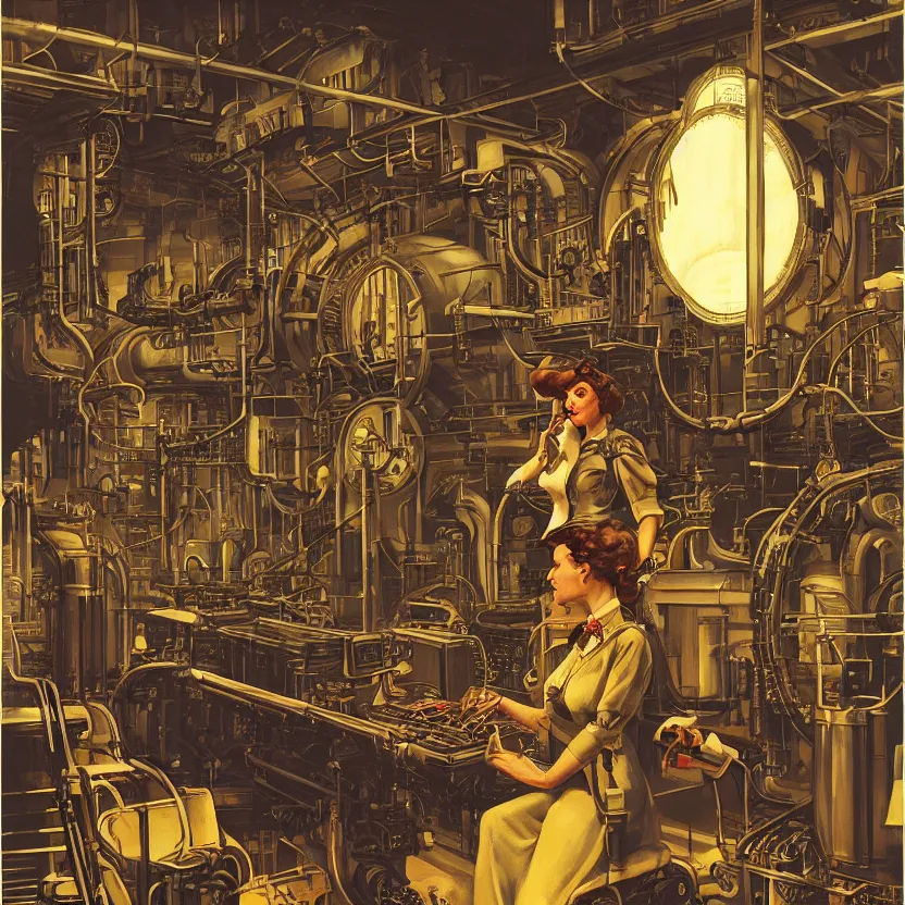 Prompt: a woman in a steampunk retrofuturistic control center for an industrial lava factory, by syd mead and norman rockwell. highly detailed digital art. retrofuturism. steampunk. beautiful lighting. trending on artstation.