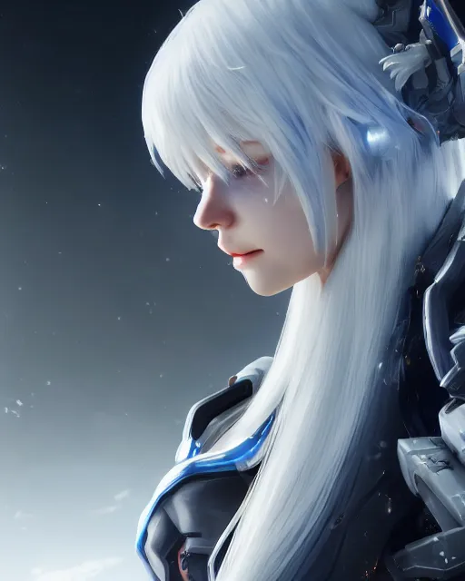 Image similar to perfect white haired girl, warframe armor, beautiful, dreamy, half asian, pretty face, blue eyes, detailed, windy weather, scifi platform, laboratory, experiment, 4 k, ultra realistic, epic lighting, cinematic, high detail, masterpiece, by akihiko yoshida, kazuya takahashi