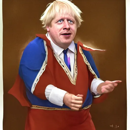 Prompt: boris johnson as a court jester, painting, by weta digital, direct glaze