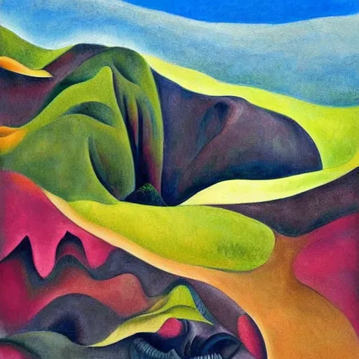 Image similar to detailed painting of a lush natural scene on an alien planet by georgia o'keeffe. beautiful landscape. weird colourful vegetation. cliffs and water.