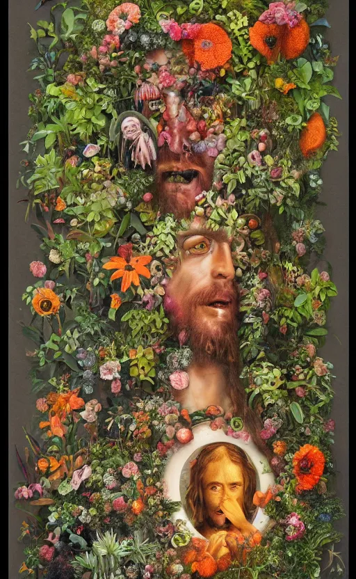 Image similar to a becoming and phenomenal jesus in the rain from clockwork orange in a lush garden full of diverse plants, by mab graves and giuseppe arcimboldo. luminism. hypermaximalist. gouache. trending on artstation.