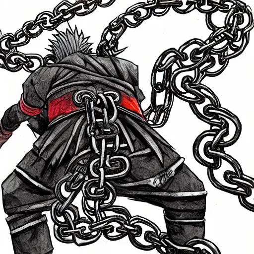 Image similar to A FULL BODY PORTRAIT FROM BEHIND OF MADARA UCHICHA ,THE MAN KEEPS A KUSARIGAMA AND IT IS WRAPPED IN CHAINS ,detailed, concept art, ink style , sketch