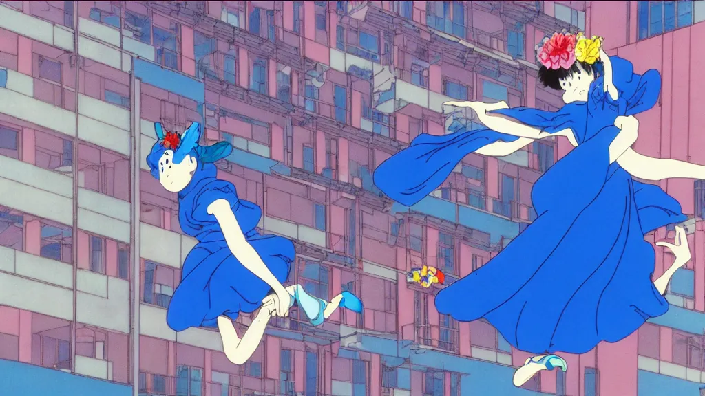 Image similar to a woman wearing a blue dress and wearing a blue bird mask falling from a building in Tokyo, anime film still from the an anime directed by Katsuhiro Otomo with art direction by Salvador Dalí, wide lens