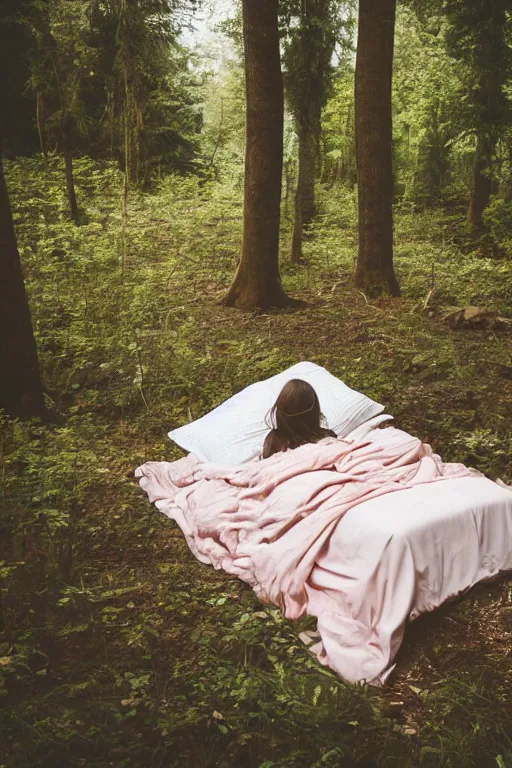 Prompt: girl waking up in the middle of a forest