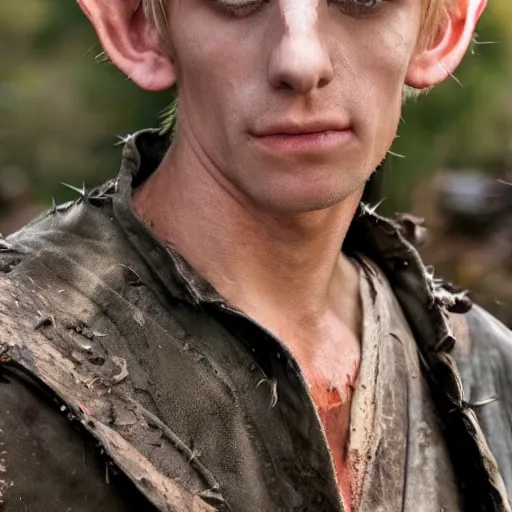 Prompt: close up headshot of a skinny high-fantasy elf with a long face narrow chin and spiky blonde hair wearing dark brown overalls and holding a bomb next to a destroyed car, gel spiked blond hair, small ears, narrow lips, high resolution film still, HDR color