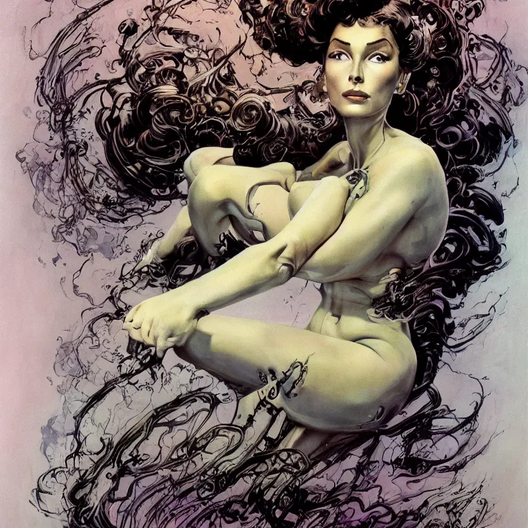 Image similar to portrait of a woman with swirling hair and fractal skin by frank frazetta, retrofuturism, psychedelic art reimagined by industrial light and magic