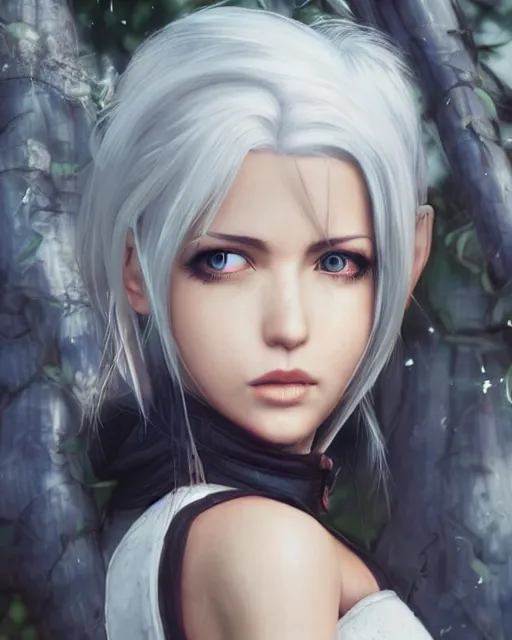 Prompt: tifa lockhart with white hair, beautiful face, garden, utopian city, solarpunk, perfect, attractive, illuminated, ultra realistic, atmosphere, cinematic, artstation, highly detailed