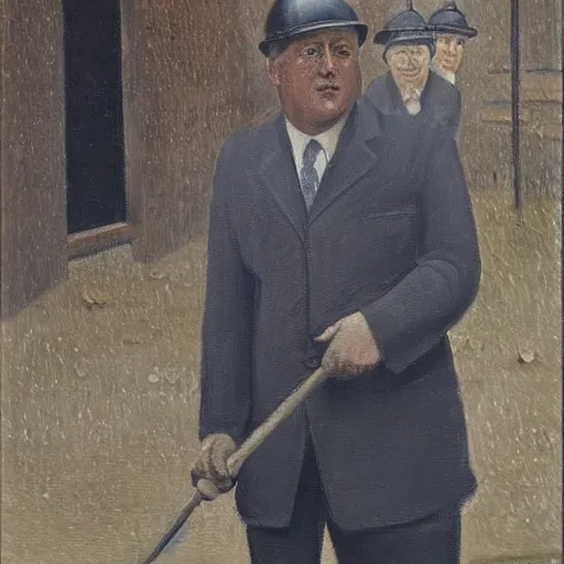 Prompt: painting of david cameron working in the coal mines, painted by laurence stephen lowry, oil on canvas, national gallery