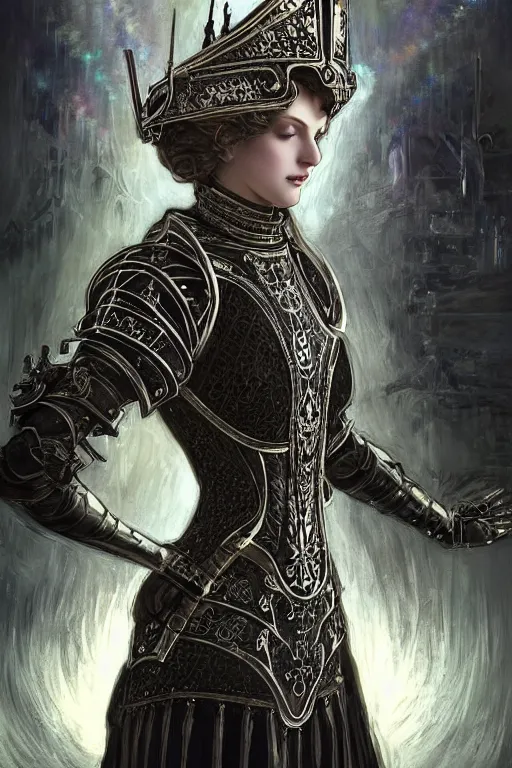 Image similar to beautiful victorian and luxury and goddess and gothic female medieval Black armor knight portrait+shiny eyes+front face with light flowing hair, ultradetail face, ruined gothic cathedral, art and illustration by tian zi and craig mullins and WLOP and alphonse mucha, ssci-fi, fantasy, intricate complexity, human structure, hypermaximalist, fantasy character concept, dynamic lighting, neon light, watermark, blurry, hyperrealism 8k