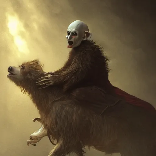 Prompt: nosferatu!!! riding!!! a bear!!, model pose, ultra realistic, concept art, intricate details, highly detailed, photorealistic, octane render, 8 k, unreal engine octane render art by artgerm and greg rutkowski and alphonse mucha