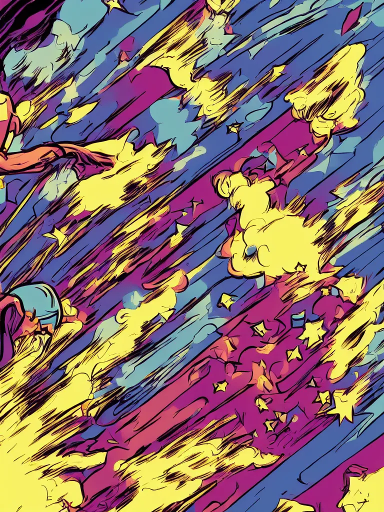 Prompt: magic universe wind coming out of a computer screen, mystical shootingstars, artstation, comic style, pop art, Jack Kirby