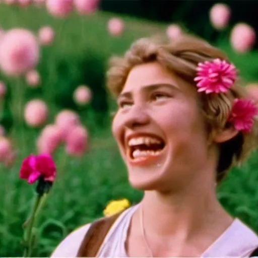 Prompt: vhs 1 9 8 0 s footage of a scene from the movie midsommar, a woman smiling while surrounded by flowers