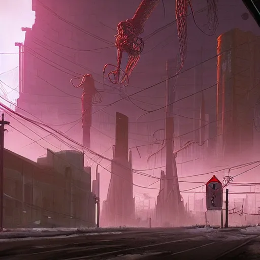 Image similar to half life 2, giant eldritch horror, simon stalenhag, cityscape