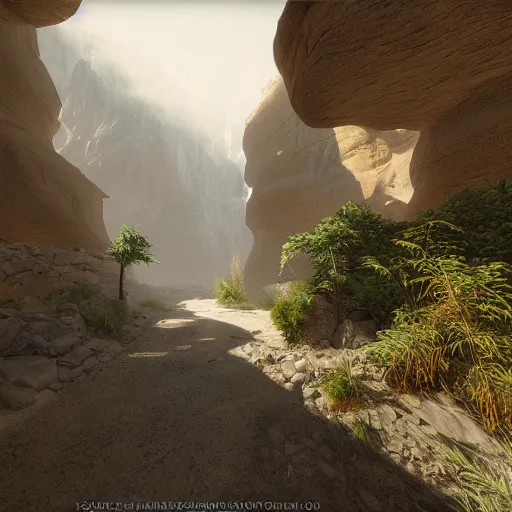 Image similar to pathway canyon in between mountains, mist, dark, unreal engine, high detail, realism, award winning, detailed lighting