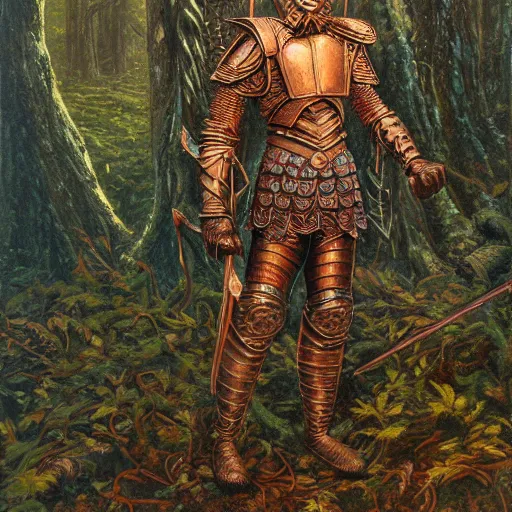 Image similar to a detailed, beautiful oil painting of a warrior wearing intricate, etched copper armor in an ancient forest, by michael whelan