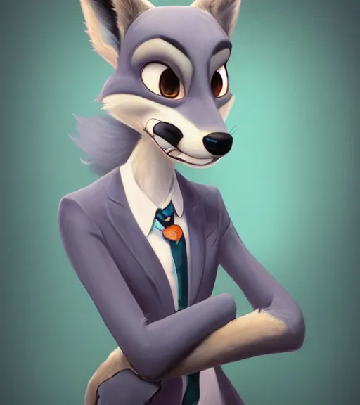 Prompt: oil painting portait of anthromorphic female wolf, in style of zootopia, zootopia, zootopia, fursona, furry, furaffinity, 4 k, deviantart, furry art, fursona art, wearing black business suit, business suit, in style of zootopia, wolf fursona, cyberpunk, female, expressive detailed feminine face,