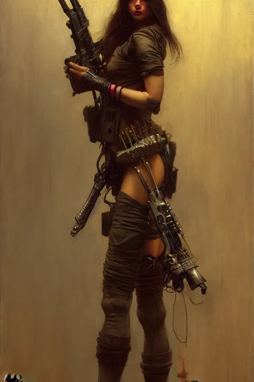 Image similar to portrait max mad cyberpunk, girl with a rifle character design, painting by gaston bussiere, katsuya terada, nc wyeth, greg rutkowski, craig mullins, vermeer, frank frazetta, tom of finland, trending on artstation, jeffery catherine jones