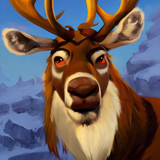 Image similar to greg manchess portrait painting of sven reindeer from frozen as overwatch character, medium shot, asymmetrical, profile picture, organic painting, sunny day, matte painting, bold shapes, hard edges, street art, trending on artstation, by huang guangjian and gil elvgren and sachin teng