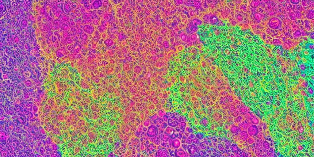 Prompt: intricate microscopy of human cell living membranes, colorful