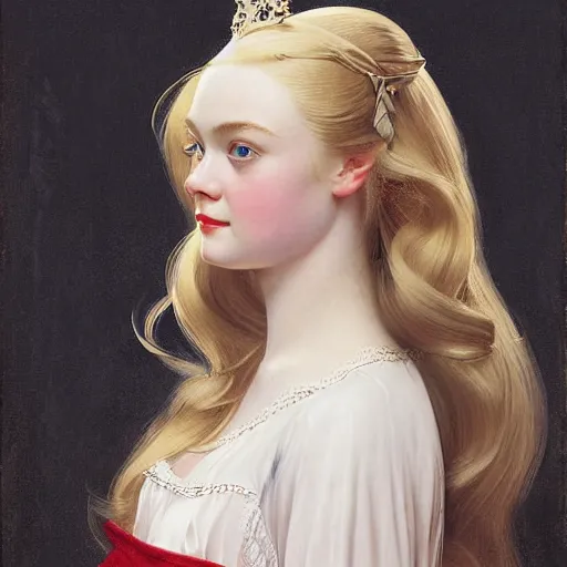 Image similar to Painting of Elle Fanning as a princess, long blonde hair, delicate, pale milky white porcelain skin, by Leyendecker and Norman Rockwell