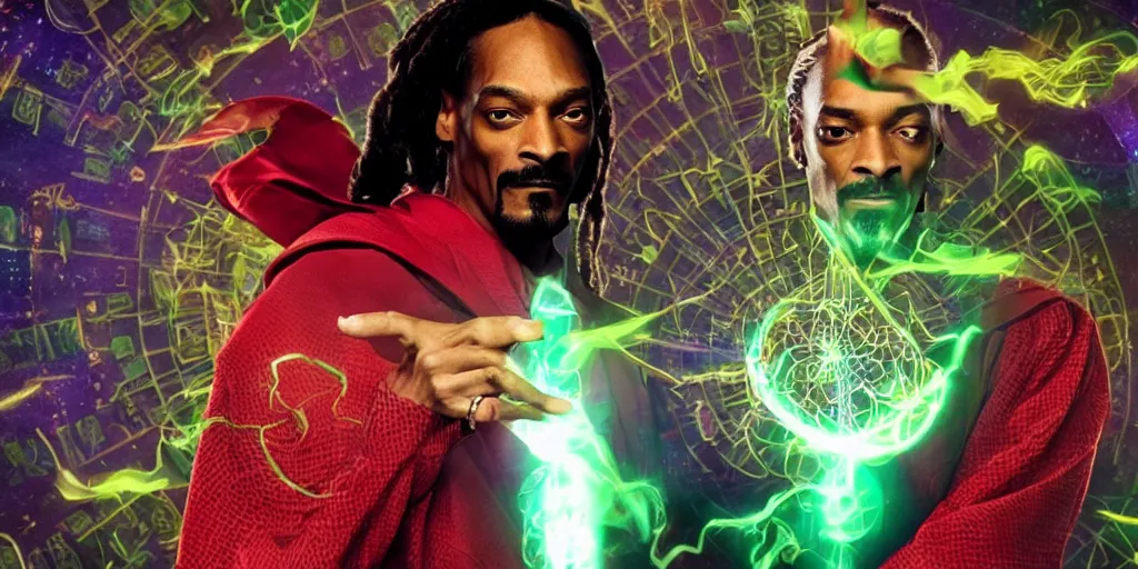 Prompt: snoop dogg as the doctor strange, marijuana leaves, marijuana, green light, highly detailed, marvel cinematic universe, mcu, photo