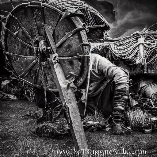 Image similar to viking in war armor working on the flying ancient device, tools and junk on the ground, old village in the distance, vintage old photo, black and white, sepia