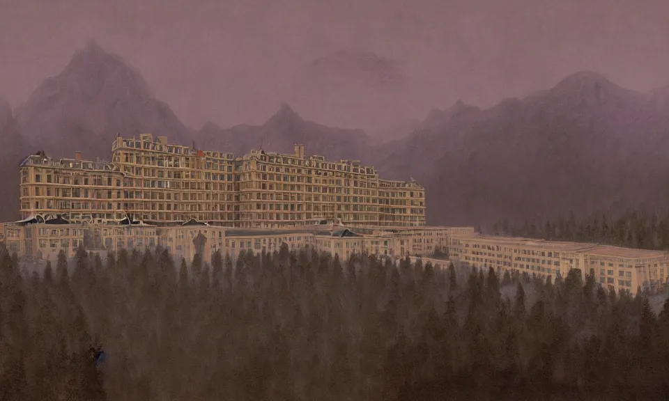 Prompt: A highly detailed 4K fantasy matte painting of the overlook hotel, stanley kubrick, het shining, zdzislaw beksinski, ArtStation, CGSociety, Unreal Engine