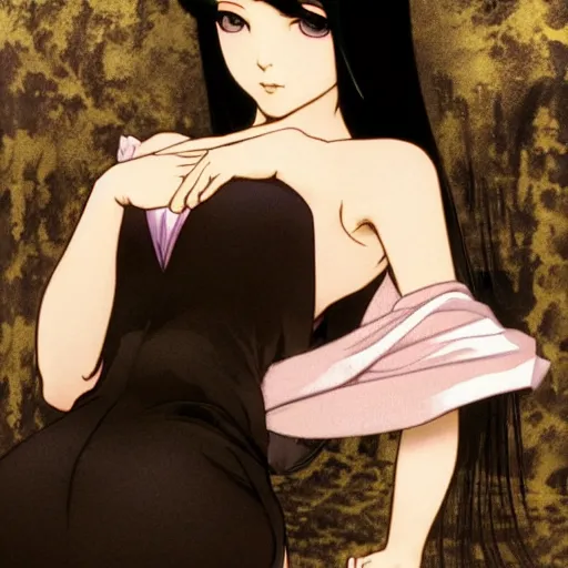 Image similar to photo of lonely young girl エウリン with straight long black hair wearing black dress that sitting on bathroom floor, model エリサヘス ・ セイモア from acquamodels. com, render by artgem and alphonse mucha for capcom co, resident evil