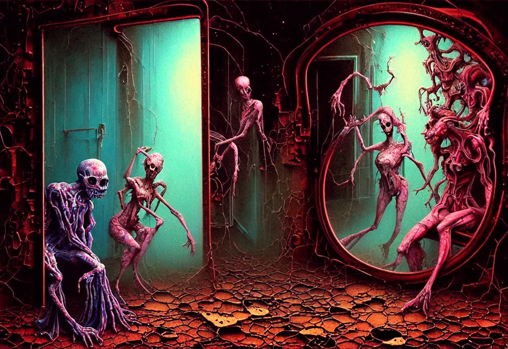 Prompt: realistic detailed photo rendered in octane 3d , of a little acid neon ghosts and wraiths opening a portal to another dimension and looking at the mirror in a huge abandoned old haunted house by Francis Bacon, by Ayami Kojima, Amano, Karol Bak, Greg Hildebrandt, and Mark Brooks , rich deep colors. Beksinski painting, art by Takato Yamamoto. masterpiece. rendered in blender, ultra realistic, smooth shading, ultra detailed, high resolution, cinematic, unreal 6