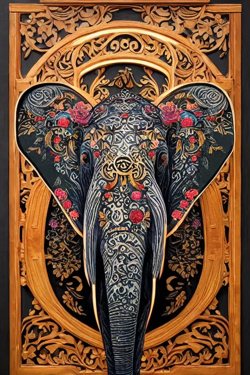 Image similar to Painted dark-wood panel relief carving of a close up of a Flowerpunk Matriarch Elephant, ornate border frame, explosion of colorful flowers, dark wood, intricately carved, black ink, festival of rich colors, intricate details, cinematic lighting, volumetric lighting, post-processing, art nouveau, by andreas rocha and john howe, and Martin Johnson Heade, featured on artstation, featured on behance, golden ratio, hyper detailed, photorealistic, epic composition, center spotlight, f32, well composed, symmetrical, UE5, 8k