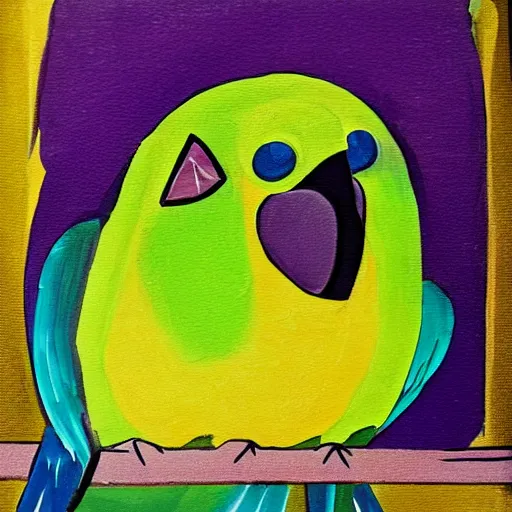 Image similar to art of a budgie maniacally grinning with a glint in its eye